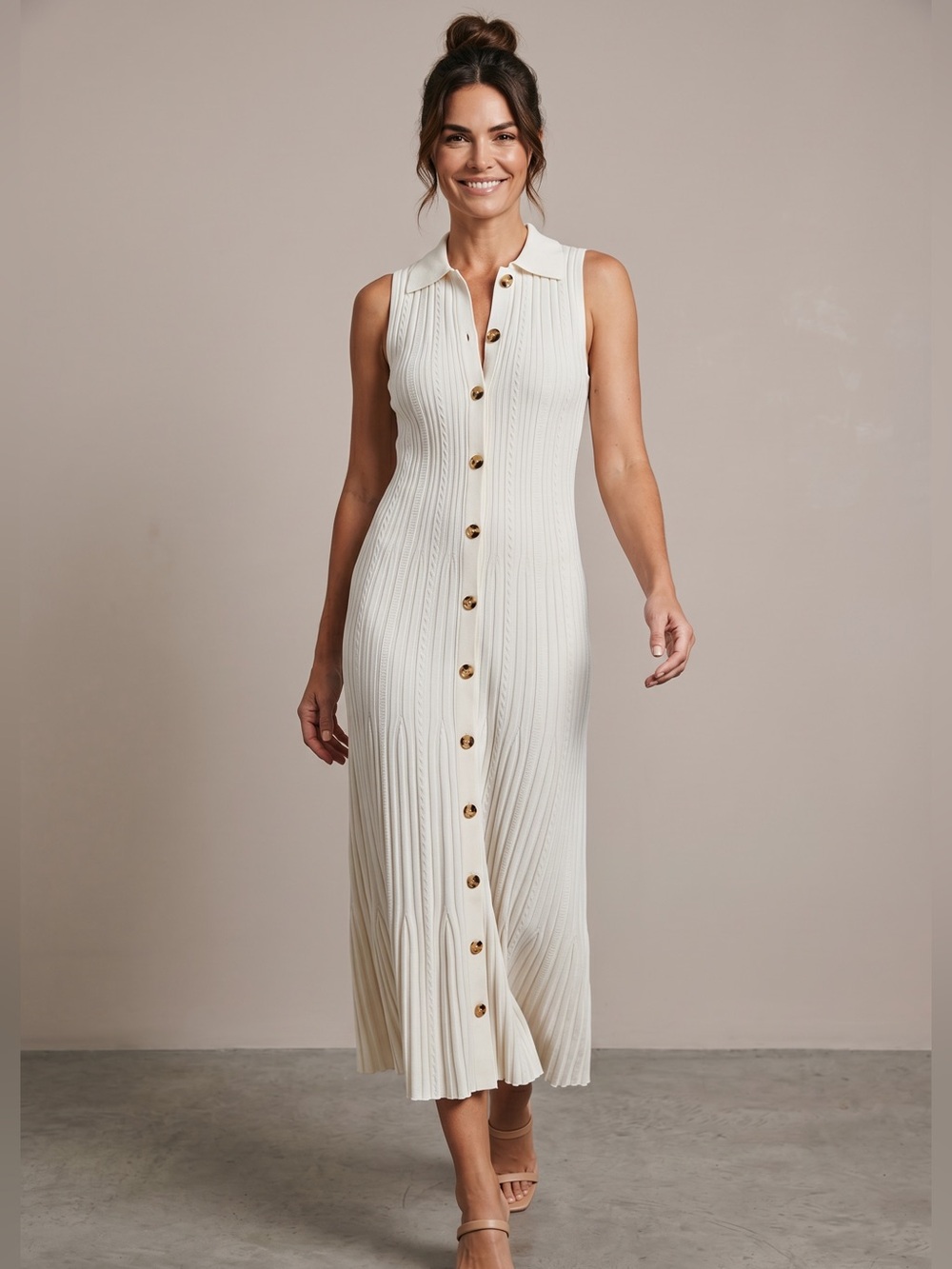Tahari ribbed knit texture with gold button details midi dress. Size large GUC - Picture 1 of 6